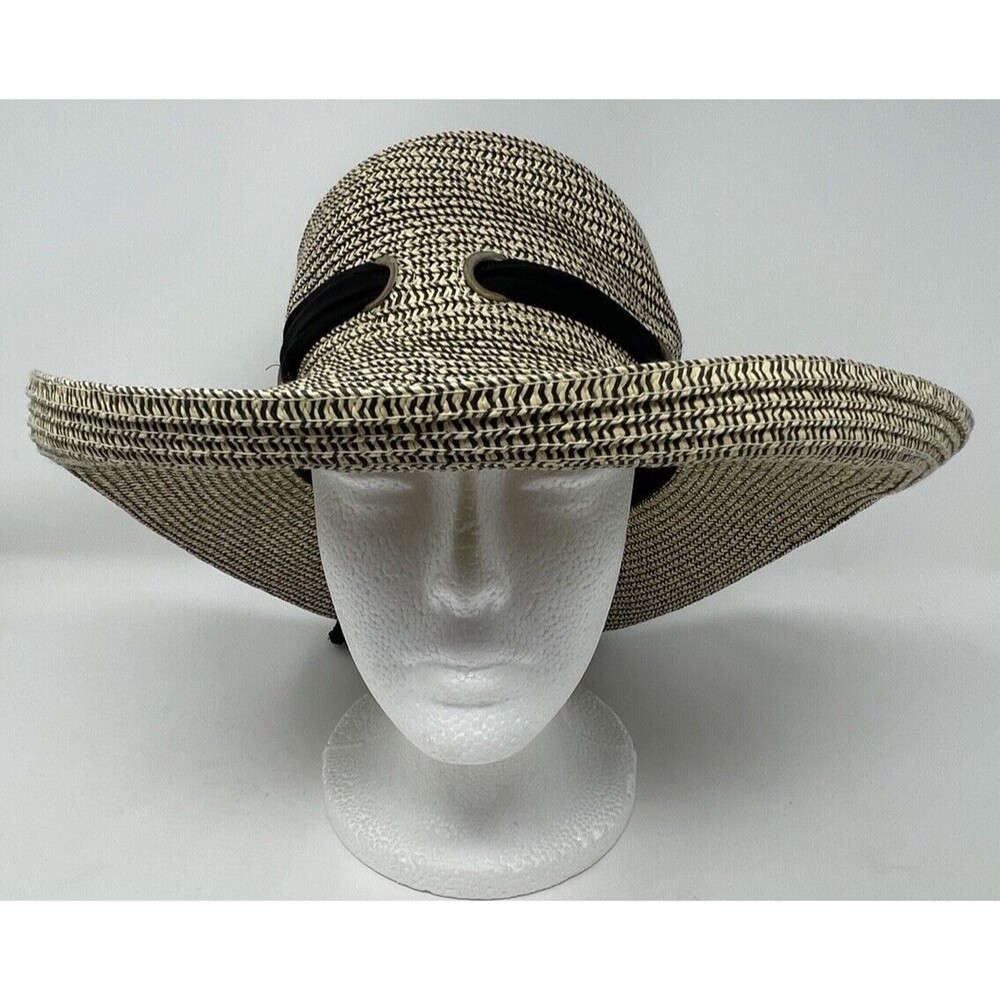Sun N Sand Beautiful Woven Beige/Black Hat Black Ribbon/Gold Tone Grommets